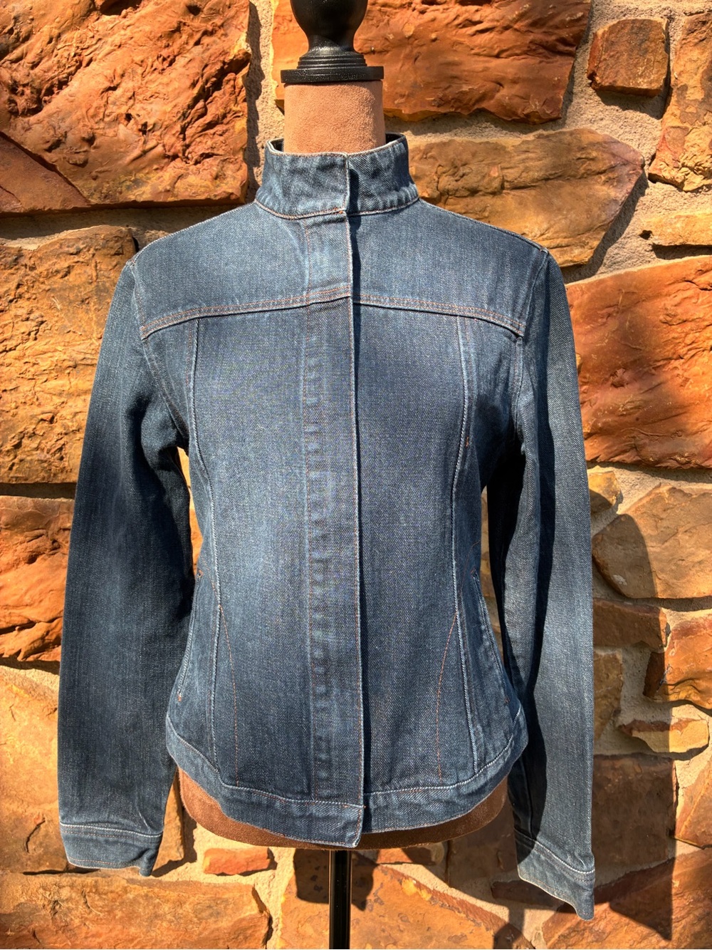 Women's Dark Indigo Denim Jacket with Stand Collar